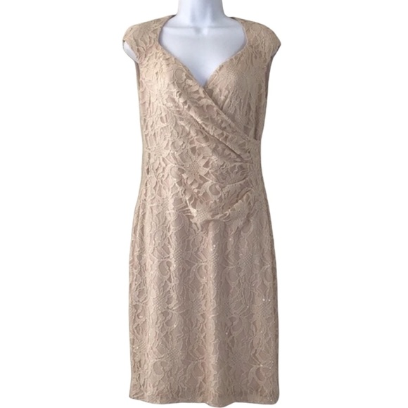 Lauren Ralph Lauren Dresses & Skirts - Lauren Ralph Lauren Classic Nude Elegant Floral Lace Faux Wrap Sequins Dress